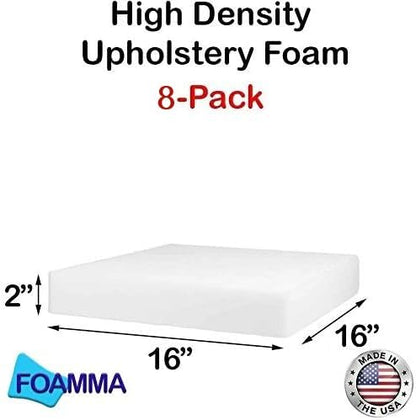 Foamma 8-Pack 2" x 16" x 16" High Density Upholstery Foam, Chair Cushion Square Foam for Dining Chairs, Wheelchair Seat Cushion Replacement - size: (8-Pack) 2" x 16" x 16" HD