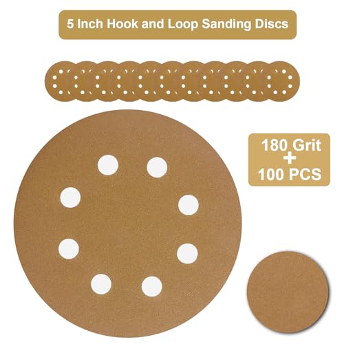 5-Inch Orbital Sander Discs, 8-Hole Pattern, 100-Pack, Hook and Loop Sandpaper for DA Sanders, Paint and Wood Finishing (180 Grit-100 PCS) - style: 180 Grit-100 PCS