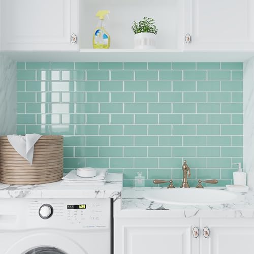 VEELIKE Aqua Green Subway Peel and Stick Backsplash Tile 24 Sheets Back Splashes for Kitchens Peel and Stick Green Wall Tiles 12''x12'' Waterproof Adhesive Backsplash Tiles for Bathroom Laundry Room - size: Box of 24 Tiles