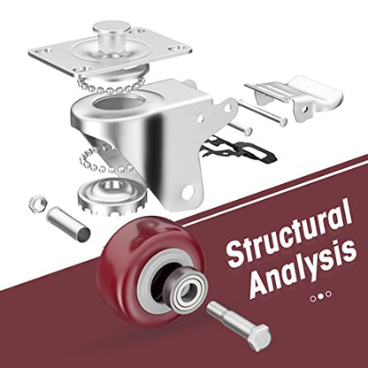2" Heavy Duty Plate Casters with Brake, Set of 4 - color: Red, size: 2 inch