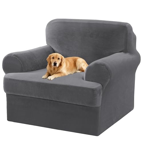 2 Pieces T Cushion Chair Covers with Arms Thick Velvet Couch Cover Stretch T Cushion Sofa Covers for Living Room Chair Cover with Individual T Cushion Covers , Washable (1 Cushion Chair, Gray) - color: Grey, size: Armchair (1 Cushion)