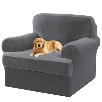 2 Pieces T Cushion Chair Covers with Arms Thick Velvet Couch Cover Stretch T Cushion Sofa Covers for Living Room Chair Cover with Individual T Cushion Covers , Washable (1 Cushion Chair, Gray) - color: Grey, size: Armchair (1 Cushion)