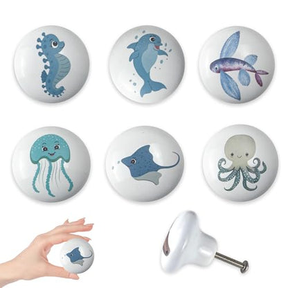 Set of 6 Ceramic Kids Nursery Cute Starfish Turtle Octopus Cabinet Door Handle Dresser Drawer Pulls and Knobs - size: seahorse