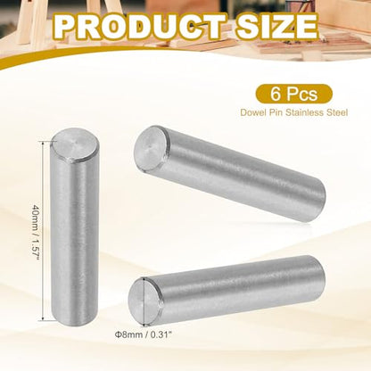 PATIKIL 8mm x 40mm Dowel Pin Stainless Steel, 6 Pcs 304 Stainless Steel Pegs Shelf Pins Rod Support Metal Fasten Elements for Shelves Furniture Fixing Component, Silver - size: 8mm x 40mm