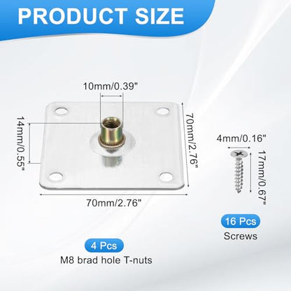 uxcell 4Pcs M8 Brad Hole t Nut, 70mm/2.8inch Square Base Weld Nuts Flange Insert Female Thread with Mounting Screws for Wood Furniture - size: M8