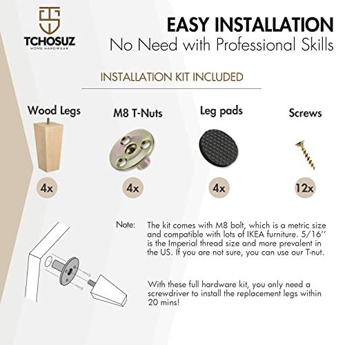 5 Inch / 12cm Wooden Furniture Legs, Set of 4 Solid Wood Mid-Century Modern Pyramid Replacement Feet, Square Sofa Legs with 5/16" Bolts & Anti-Slip Pads for Ottoman Table Dresser Unfinished - color: Unfinished, size: 5"/12cm