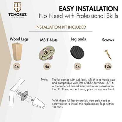 5 Inch / 12cm Wooden Furniture Legs, Set of 4 Solid Wood Mid-Century Modern Pyramid Replacement Feet, Square Sofa Legs with 5/16" Bolts & Anti-Slip Pads for Ottoman Table Dresser Unfinished - color: Unfinished, size: 5"/12cm