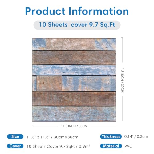 COMSTICKC 3D Peel and Stick Faux Wood Wall Sticker, 10 Pcs 11.8" x 11.8" - color: Brown-Blue