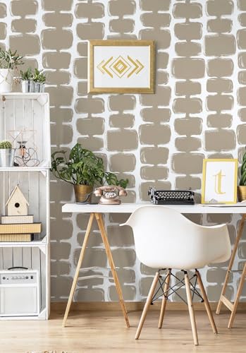 Safiyya 17.3"x197" Peel and Stick Wallpaper Mid Century Modern Abstract Contact Paper Geometric Wall Paper Self Adhesive Removable Wallpaper for Bathroom and Bedroom Vinyl, Light Brown and White - color: Light Brown and White, size: 17.3" x 197"