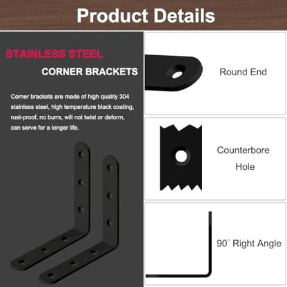 Black L Bracket 4 Inch Stainless Steel Corner Braces, 8 Pack 100x100mm 90 Degree Right Angle Joint Brackets for Wood Shelves Cabinets, with Screws - size: Black 4in x 4in L-Shaped