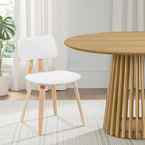 Armen Living Jaguar Mid-Century Upholstered Dining Chair in White Boucle and Patterned Oak Finish - color: White/Oak, size: Single