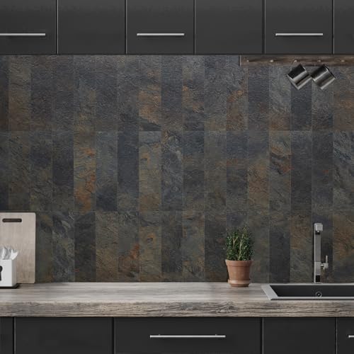 AULIGET 40-Piece Rust Slate Peel and Stick Backsplash Wall Tiles, 3" x 12" PVC Faux Stone Stick on Tiles for Backsplash Kitchen, Bathroom, Laundry Room, Camper, Fireplace - color: Rust Slate, size: 40 Pieces, 3"x12"x0.12"