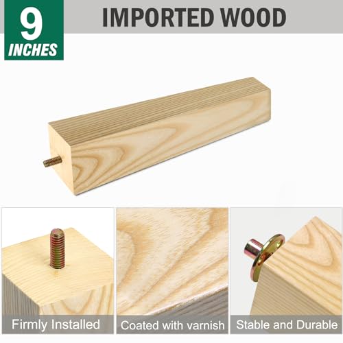 FoDau770 Square Furniture Legs 9 Inch, Ash Wood Legs with 5/16"-18 Bolts - size: 9 Inch