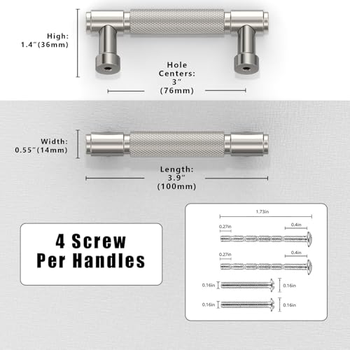 10 Pack Brushed Satin Nickel Knurled Cabinet Pulls 3 Inch(76mm) Kitchen Cabinet Handles Cabinet Hardware Drawer Pulls - color: Brushed Satin Nickel, size: 3" Hole Center