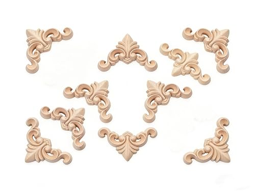 10 Pieces Little Wood Appliques and Onlays 4x4cm/1.57"x1.57" Unpaint Wooden Carvings Coner for Furniture Decorative Wooden DIY Carved Onlay for Mirror Bed Door Cabinet Wardrobe Furniture Decoration
