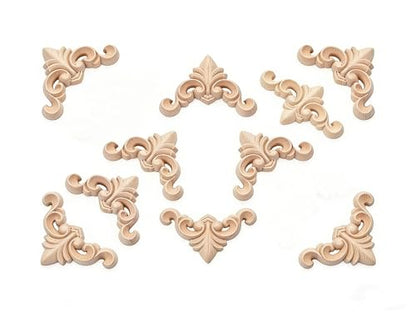 10 Pieces Little Wood Appliques and Onlays 4x4cm/1.57"x1.57" Unpaint Wooden Carvings Coner for Furniture Decorative Wooden DIY Carved Onlay for Mirror Bed Door Cabinet Wardrobe Furniture Decoration