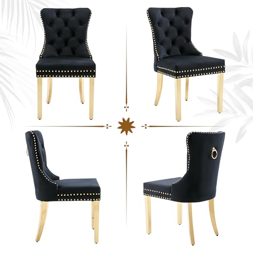 Black Velvet Dining Chairs Set of 2, Elegant Tufted & Nailhead, Gold Legs - color: Black, Golden Steel Leg, size: set of 2