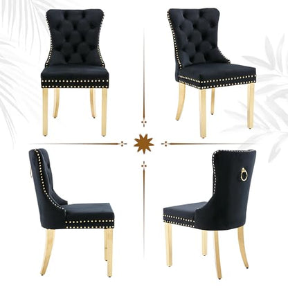 Black Velvet Dining Chairs Set of 4, Elegant Tufted & Nailhead, Gold Legs - color: Black, Golden Steel Leg, size: set of 4