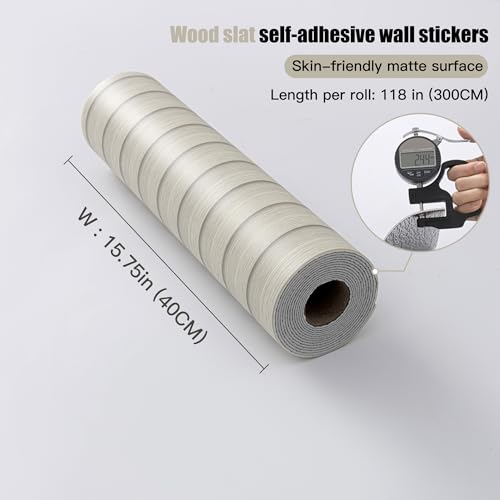 Beige Peel and Stick Slat Wall Panels,Wood Grain Paneling 118"x15.75" - color: Off-White
