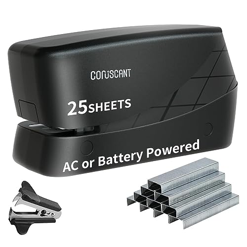 Coruscant Electric Stapler, Heavy Duty Desktop Stapler, Includes 2000 Staples and 1 Staple Remover, No-Jam Automatic AC or Battery Powered, 25 Sheet, Professional for Office Home School Use - color: Black