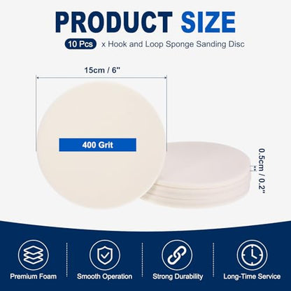 10Pcs 6 Inch Hook and Loop Sponge Sanding Disc, 400 Grit - size: 6 Inch 400 Grit