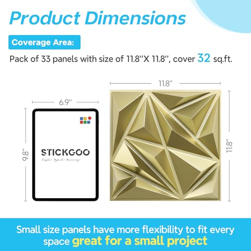 STICKGOO Diamond 3D Wall Panels, Champaign Gold, 12''x12'', 33 Pack - color: Champaign Gold