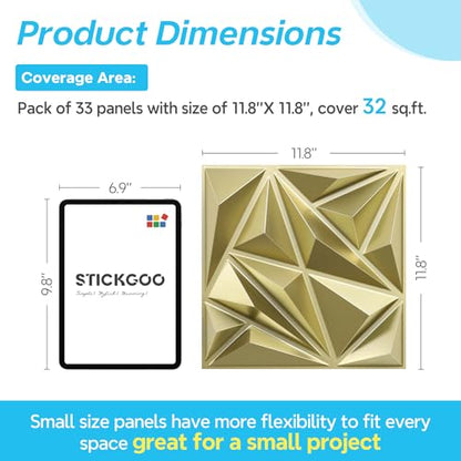 STICKGOO Diamond 3D Wall Panels, Champaign Gold, 12''x12'', 33 Pack - color: Champaign Gold