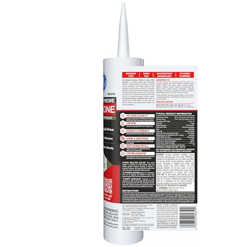 GE Supreme Silicone Caulk for Kitchen & Bathroom, White, 10 fl oz Cartridge, 12 Pack - 100% Waterproof Silicone Sealant, 7X Stronger Adhesion, Shrink & Crack Proof - color: White, size: Pack of 12