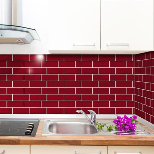 WALPLUS Premium 12 Sheets Peel and Stick Kitchen Backsplash Tile Stickers Self Adhesive Stick on Subway Tile 12" x 6" Bathroom Backsplash Water Heat Resistant 3D Wall Tiles Red Glossy - color: Red, size: 12" x 6"_12-SHEET