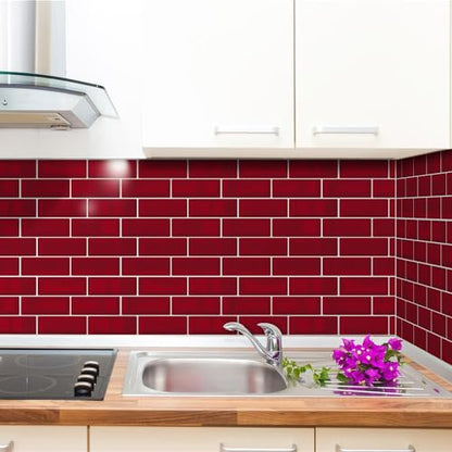 WALPLUS Premium 12 Sheets Peel and Stick Kitchen Backsplash Tile Stickers Self Adhesive Stick on Subway Tile 12" x 6" Bathroom Backsplash Water Heat Resistant 3D Wall Tiles Red Glossy - color: Red, size: 12" x 6"_12-SHEET