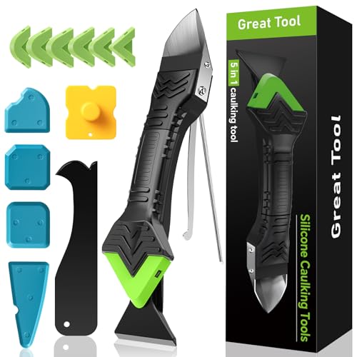 5 in 1 Silicone Caulking Tool Kit, Caulk Remover Tool with Stainless Steel Head,Caulk Finishing Tool with Different Angles,Grout Removal Tool for Kitchen Sink Washroom Floor Bathroom Toilet Caulking - color: Green
