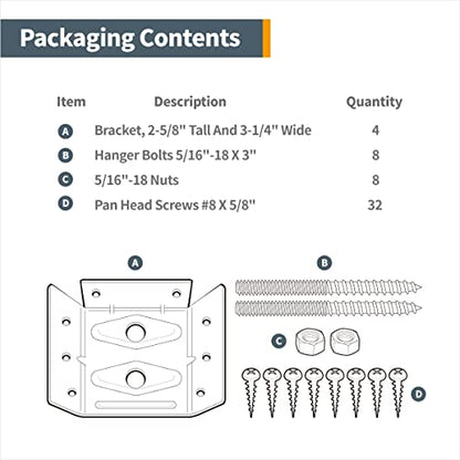 POWERTEC Surface Mount Corner Brackets 4PK w/Mounting Hardware, Corner Braces for Desk Legs/Coffee Table/Dining Table/Bench Legs (71428) - size: 2-5/8" x 3-3/8", style: Flat Corner Brackets Combo, 4PK