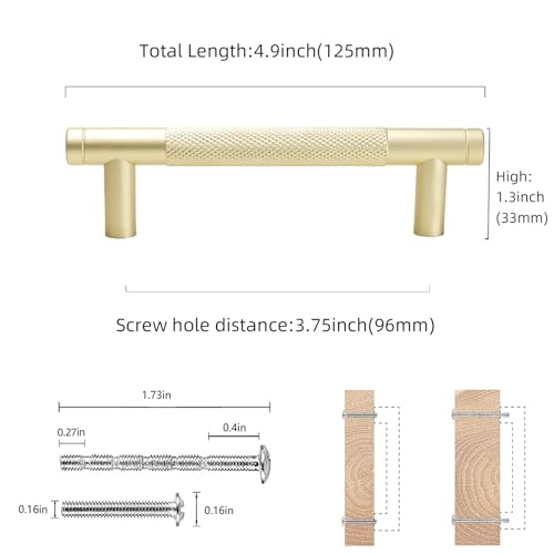 COTYKILEY 10 Pack 3.75 Inch(96mm) Brushed Brass Cabinet Handles Gold Knurled Kitchen Cabinet Pulls Cabinet Door Handles Kitchen Cabinet Hardware Cupboard Drawer Pulls Dresser Handles - color: Brushed Brass, size: 3.75" Hole Center（96MM）