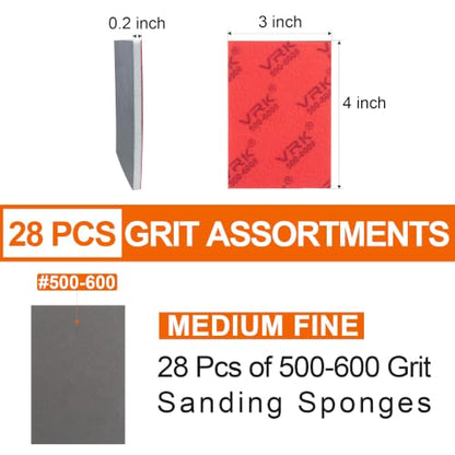 28 Pcs 500-600 Grit Sanding Sponge,Ultra Fine Sandpaper,Soft Foam Hand Sander Block Wet Dry Sanding Pads for Automobile Wood Furniture Metal Drywall Polishing - style: 500-600 Grit 28PCS