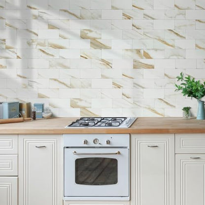 AULIGET 100-Piece Calacatta Gold Marble Look Peel and Stick Backsplash Wall Tiles, 3" x 6" Faxu Stone PVC Stick on Tile for Backsplash Kitchen, Bathroom, Laundry Room, Camper, Fireplace - color: Calacatta Gold