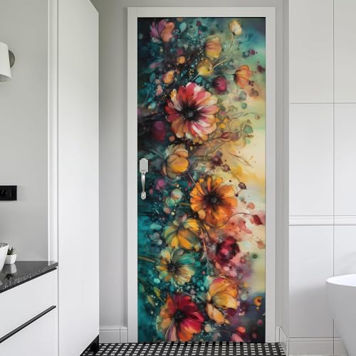 REDAMANCY Watercolor Yellow Red Green Flowers Vintage Peel and Stick Door Stickers Vinyl 3D Door Mural Decals Decor Wallpaper Self-Adhesive, Waterproof, Removable - color: Mta-23