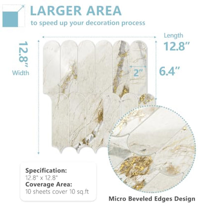 Vamos Tile Fish Scale Peel and Stick Backsplash Tile - color: Glossy Pandora Marble with Gold Veining