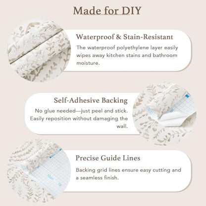 Heroad Peel and Stick Wallpaper Modern Boho Contact Paper Neutral Beige Wall Paper Removable Waterproof Self Stick Renter Friendly Wallpaper for Bedroom Living Room Bathroom Kitchen Vinyl 17.3”x393” - color: Light Brown, size: 17.3" x 393"