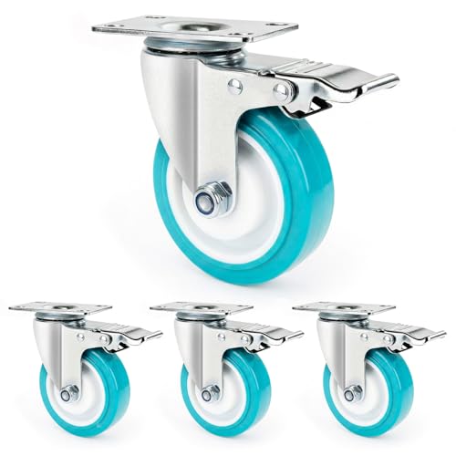 3 Inch Caster Wheels Heavy Duty with Dual-Lock Safety Brake and Rubber Tire Wheels, Heavy Duty - 500 Lbs Per Caster for Workbench, Trolley, Cabinet, TPR Silent Caster 4-Packs with mounting Hardware - size: 3 inch 4 pack