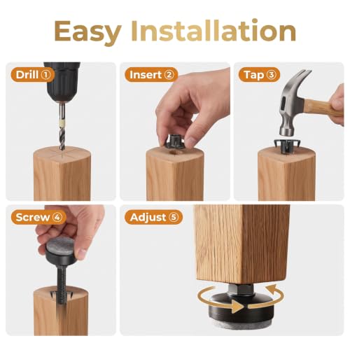 Threaded Furniture Leveling Feet, Levelers with T-Nuts & Pads (4 PCS)