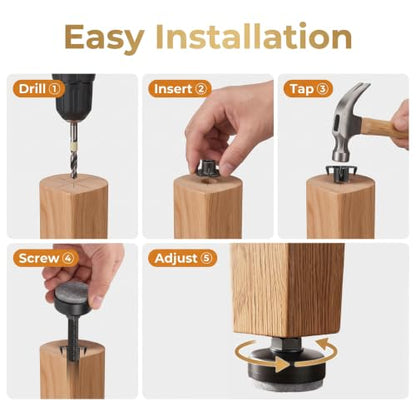 Threaded Furniture Leveling Feet, Levelers with T-Nuts & Pads (4 PCS)