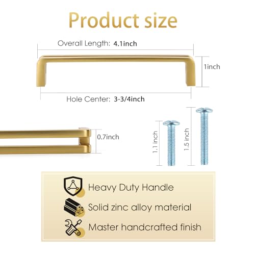 3-3/4 Inch(96mm) Hole Center Brushed Gold Zinc Alloy Solid Cabinet Pulls,Dresser Cabinet Handles Luxury Cabinet Pull Hardware for Bedroom, Kitchen 6 Pack 7600 - color: Brushed Gold, size: 3-3/4 Inch Hole Center
