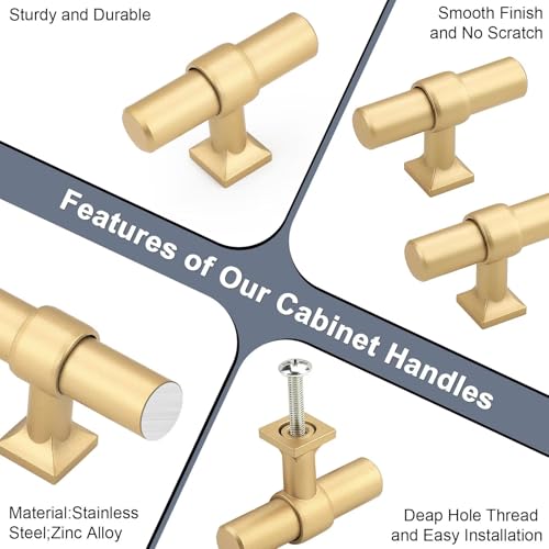 Champagne Gold Cabinet Knobs Single Hole T Bar 10 Pack - color: Champagne Gold, size: Single Hole-2inch Length
