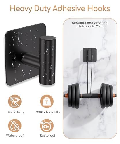 Aikzik 4 Pack Large Heavy Duty Wall Hooks - 26lb Max, Stainless Steel Adhesive Towel Hook, Shower Hooks for Hanging Towel, Coat, Robe, Wall Hook for Use in Bathroom, Kitchen and Door, Matte Black - color: Black
