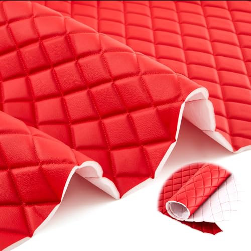 SmoothNovelty 2.1 Yards Diamond Quilted Vinyl Headliner Material 55 in Wide Faux Leather with Foam Backed 2" x 3" Diamonds Pattern Fabric for Car Furniture Upholstery(Red) - color: Red, size: 2.1 Yards