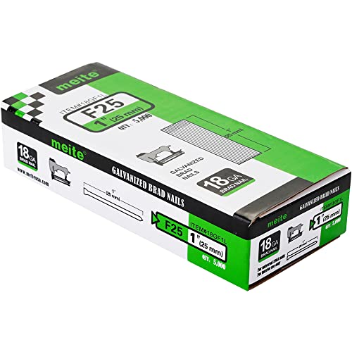 meite 18 Gauge Brad Nails 1-Inch Length F25, Galvanized Finish Ideal for Upholstery, Trims, Woodworking 5,000 PCS/Box (1 Box) - size: 1 Inch, style: 1 Box