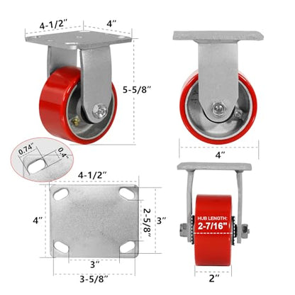 Caster Wheels Heavy Duty, 4'' Industrial Casters with Load 3200lbs Capacity, Polyurethane Swivel Casters Set of 4 (2 Brakes & Rigid) - style: 4'' Wheel