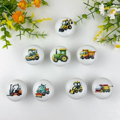 Lasyman1.5 8PCS Ceramic Fun Cabinet Boys Bedroom Nursery Kids Dresser Knobs Construction Truck Drawer Door Cupboard Handle Pulls