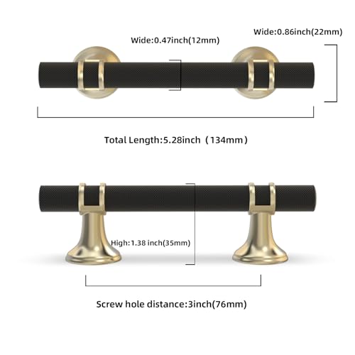 10 Pack 3 Inch Black and Gold Kitchen Cabinet Handles - color: Black and Brushed Gold Knurled, size: 3'' Hole Center(76mm)