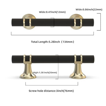 10 Pack 3 Inch Black and Gold Kitchen Cabinet Handles - color: Black and Brushed Gold Knurled, size: 3'' Hole Center(76mm)